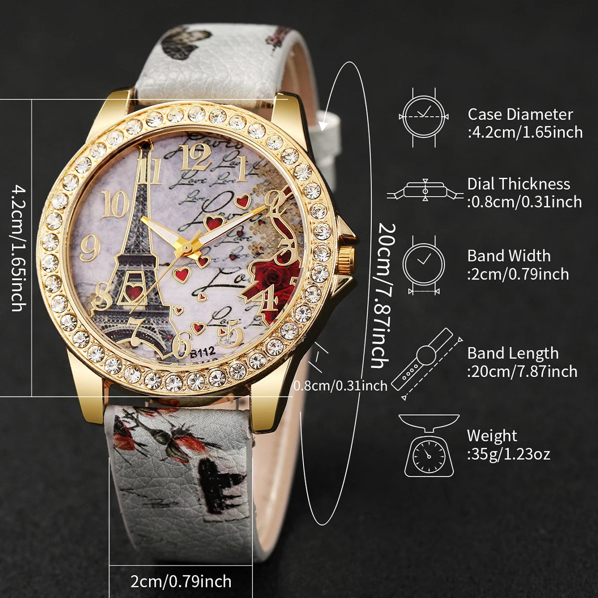 3/4/5PCS Fashion Rhinestone Women's Watch Flowers Printed Leather Band Female Quartz Watches Bracelets Set（Without Box）