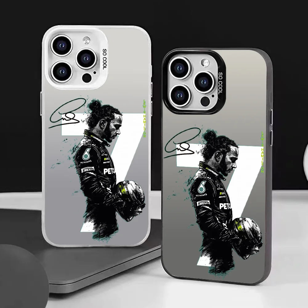 1PC L-Lewis H-Hamilton 44 F1 Phone Case Phone Case IMD color silver shell For iPhone 16 15 14 13 12 11 Pro Max Plus