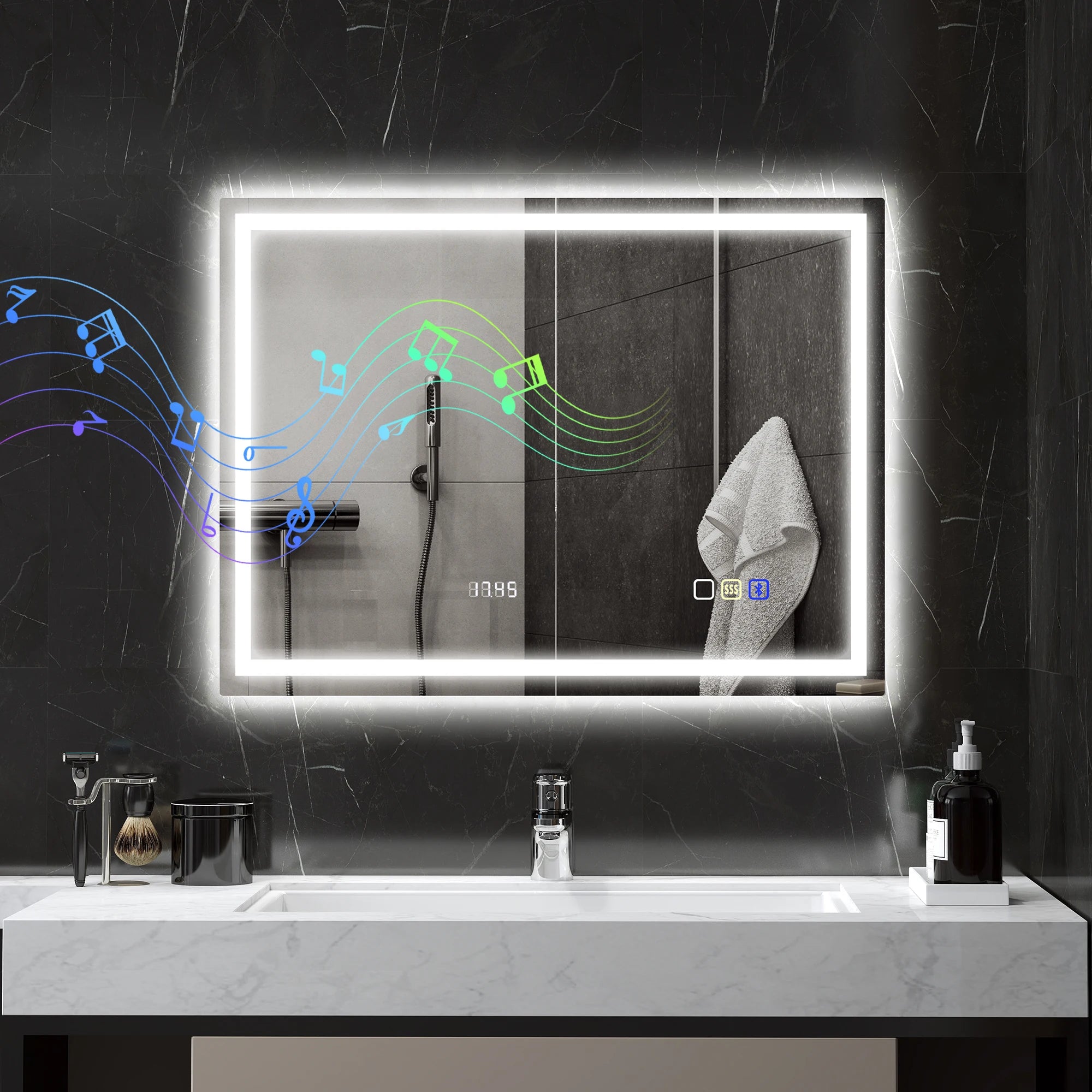 HOMCOM mirror bathroom bluetooth with LED lighting 60x80 cm, bright bathroom wall mirror with touch switch, adjustable light 3 colors, anti-fog, memory-Silver