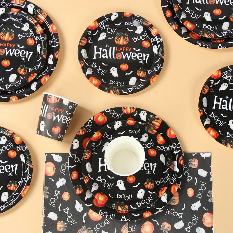 Halloween Disposable Tableware Pumpkin Ghost Boo Paper Plates Cups Napkins Kids Favor Happy Halloween Decoration Trick or Treat