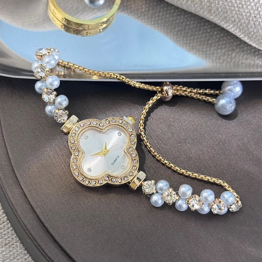 Diamond Set Color Light Luxury Drawstring Watch Exquisite Small Pearl Clover Drawstring Style Quartz Women's Watch