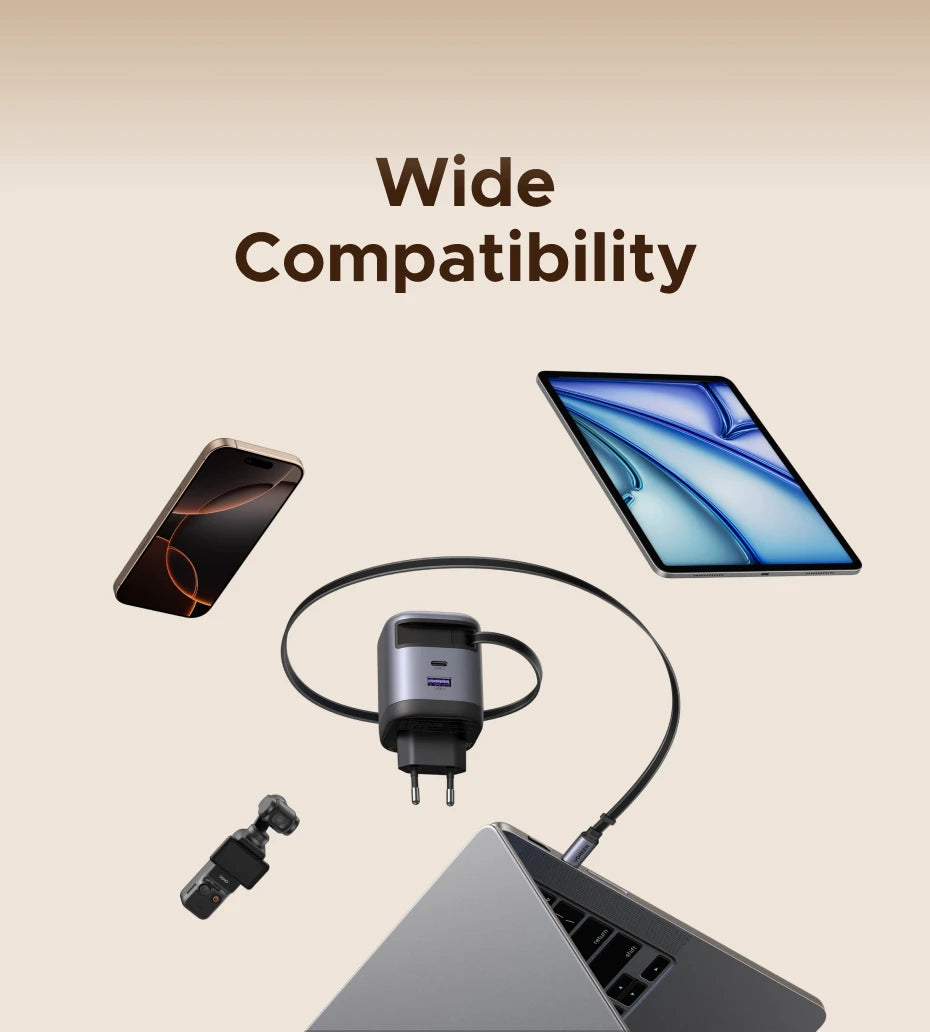 UGREEN 65W GaN Charger With Retractable USB C Cable For iPhone 17 16 Pro Samsung Xiaomi Laptop Macbook Tablet PD Fast Charger