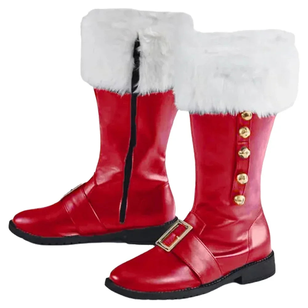 Christmas Santa Claus Boots Men Cosplay Red Black Leather Shoes with White Plush Cuffs for New Year, Halloween, Xmas, Winter