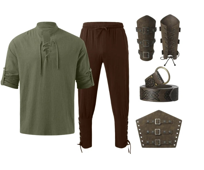 Retro Vintage Medieval Renaissance Pants Outfits Waist Belt Shirt Arm Guards Pirate Men's Cosplay Costume Halloween