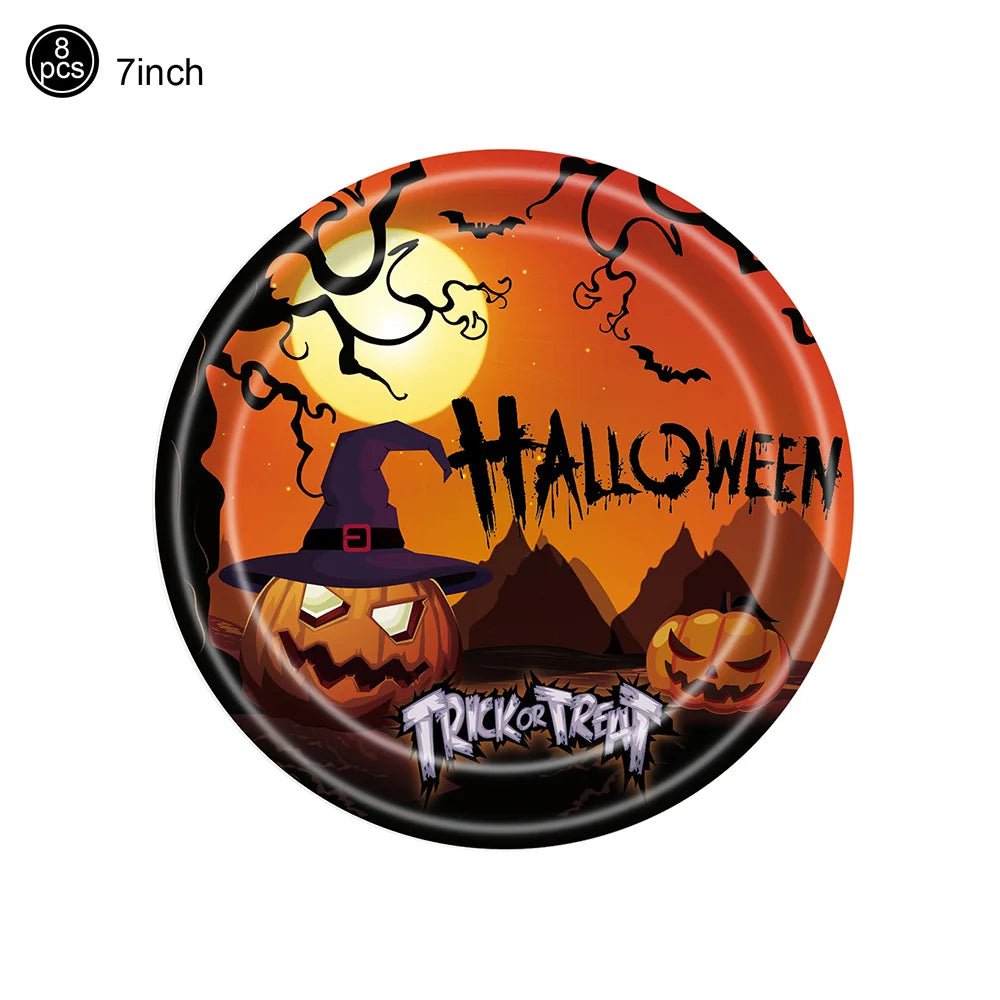 Halloween Pumpkin Tableware Black Orange Halloween Paper Plates Cups Napkins Banner Tablecloth Halloween Night Party Supplies