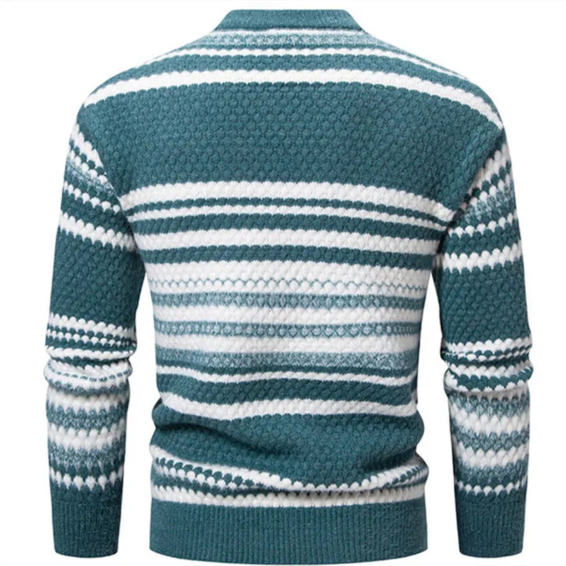 New Autumn Winter Men's Mock Neck Knit Pullovers Fashion Striped Slim Fit Knitted Sweater Men Casual Warm Pullover Knitwear Man
