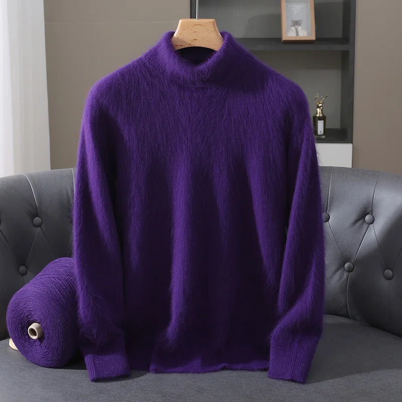 Autumn Winter Men's High Neck Pullover Knitted Sweater 100% Mink Cashmere Long Sleeved Loose Business Casual Warm Top New Styles
