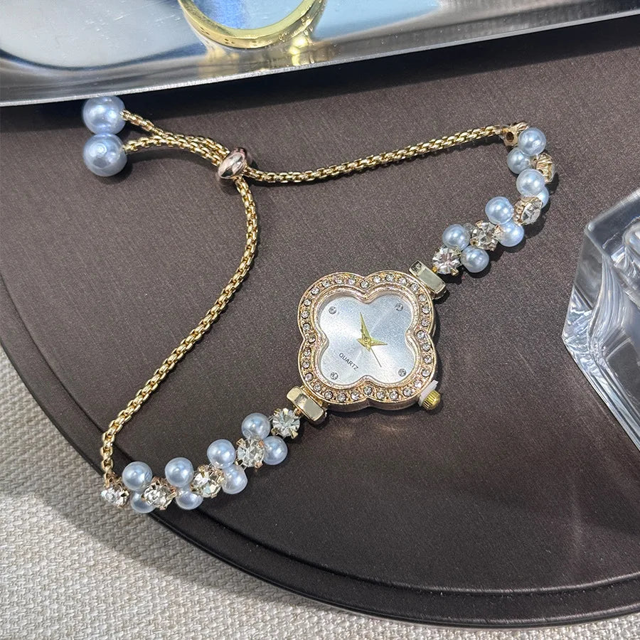 Diamond Set Color Light Luxury Drawstring Watch Exquisite Small Pearl Clover Drawstring Style Quartz Women's Watch