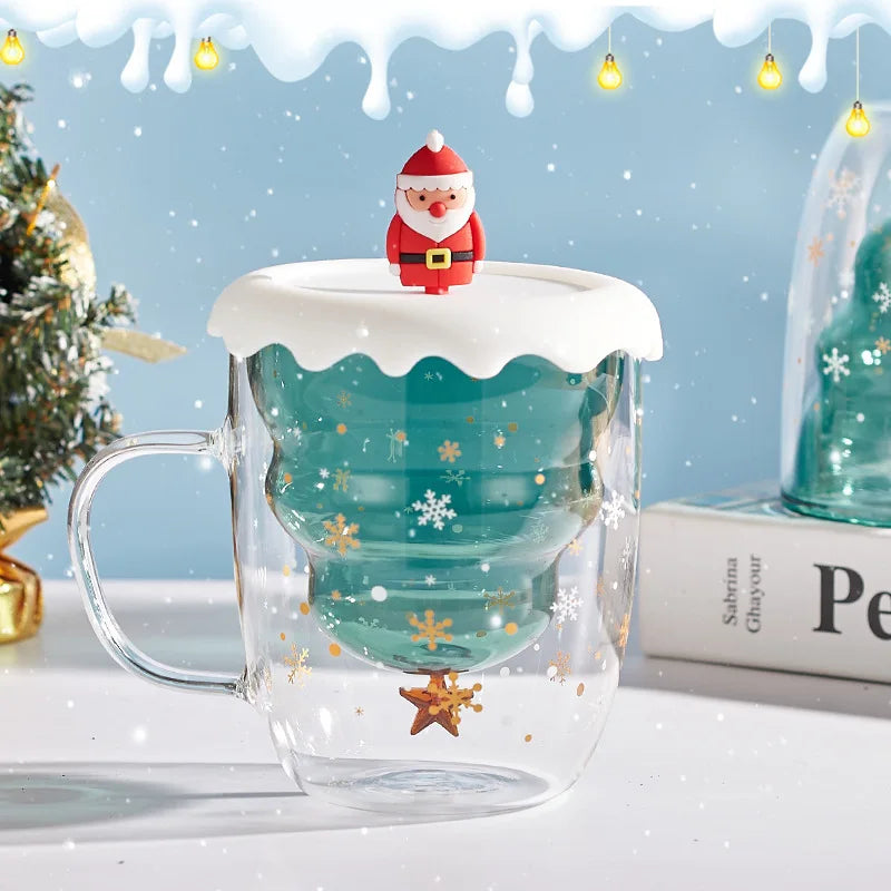 Christmas Tree Cup Transparent Double Heat Resistant Creative Couples Mug Snowflake Drinking Glass Children's Gift Coffee Cups