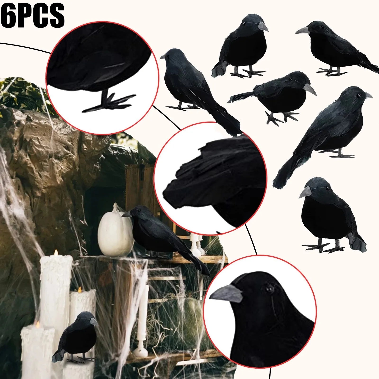 6-18Pcs Halloween Crow Decors Fake Crow Decors Artificial Crows Black Feather Crows Lifelike Ravens Halloween Party Decoration