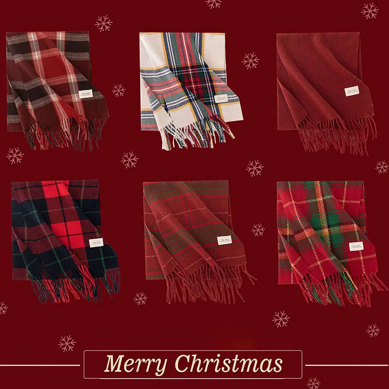 Christmas Red Scarf for Women, Imitation Cashmere Plaid Printed Plush, Premium Warm Shawl with Tassels