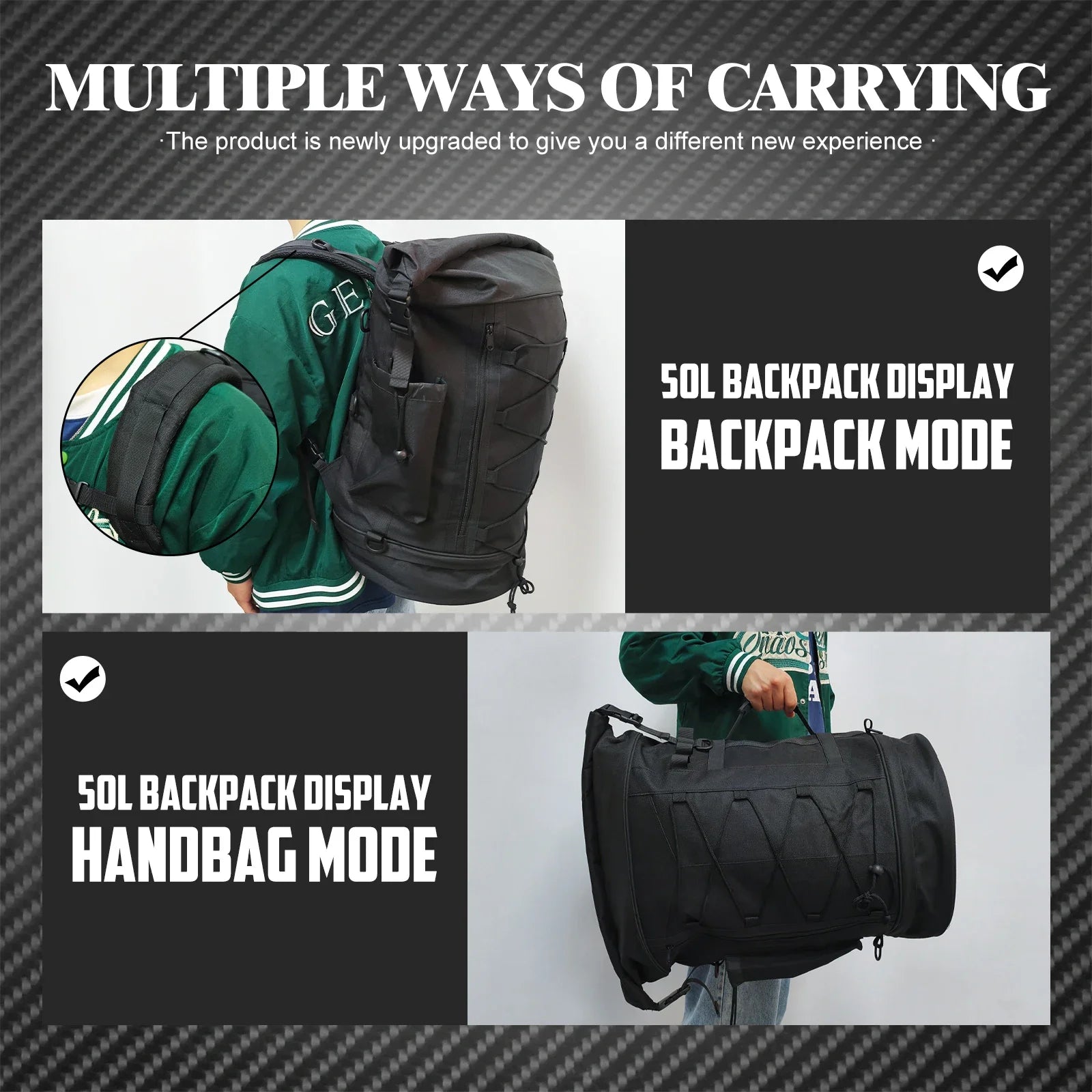 Motorcycle 50L Luggage Backpack Multifunction Tail Rack Bag Travel Outdoor Sports Expandable Sissy Bar Backrest Bag With Straps