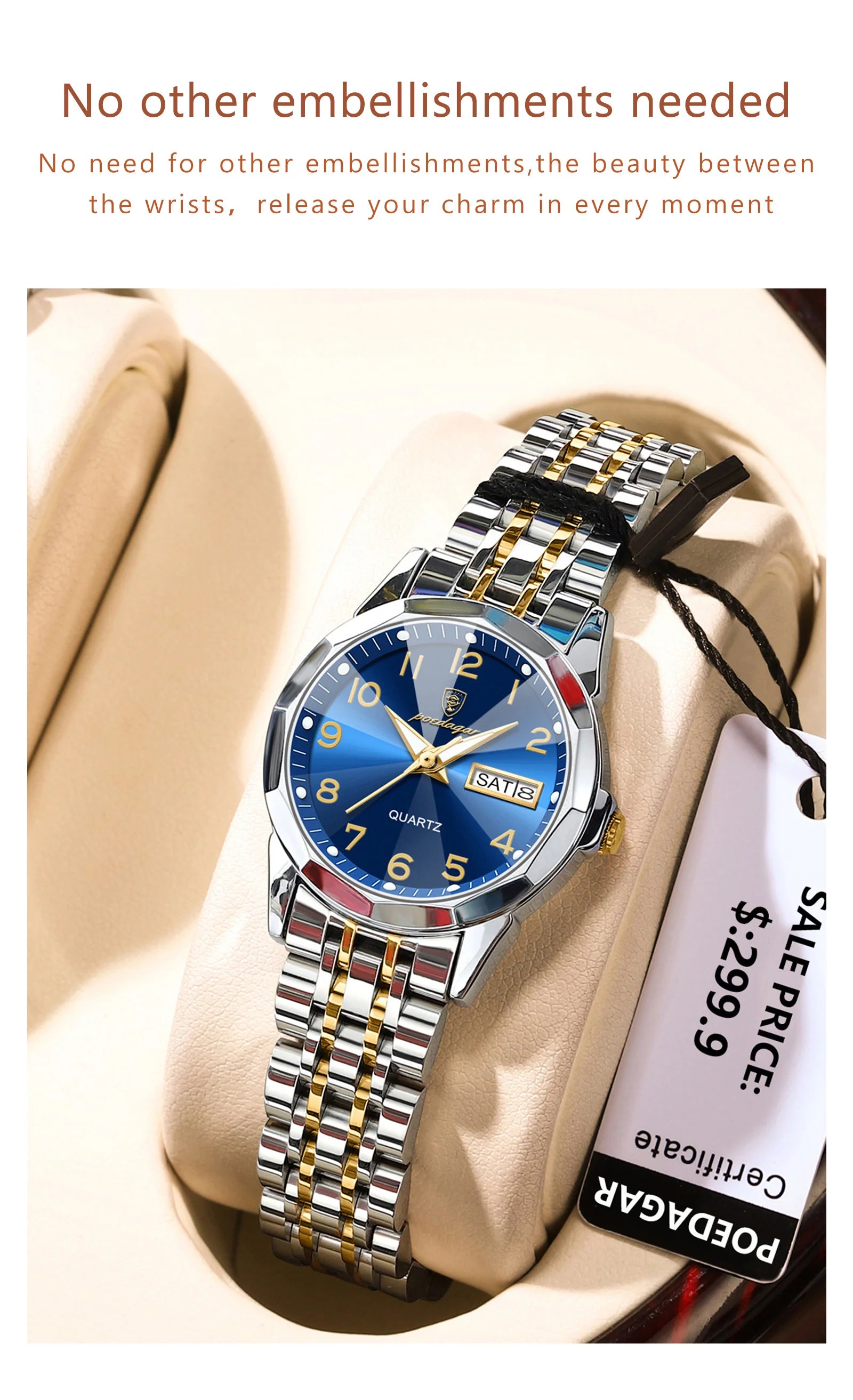 POEDAGAR Fashion Ladies Watch Waterproof Luminous Date Week Watch for Woman High Quality Stainless Steel Women's Quartz Watches