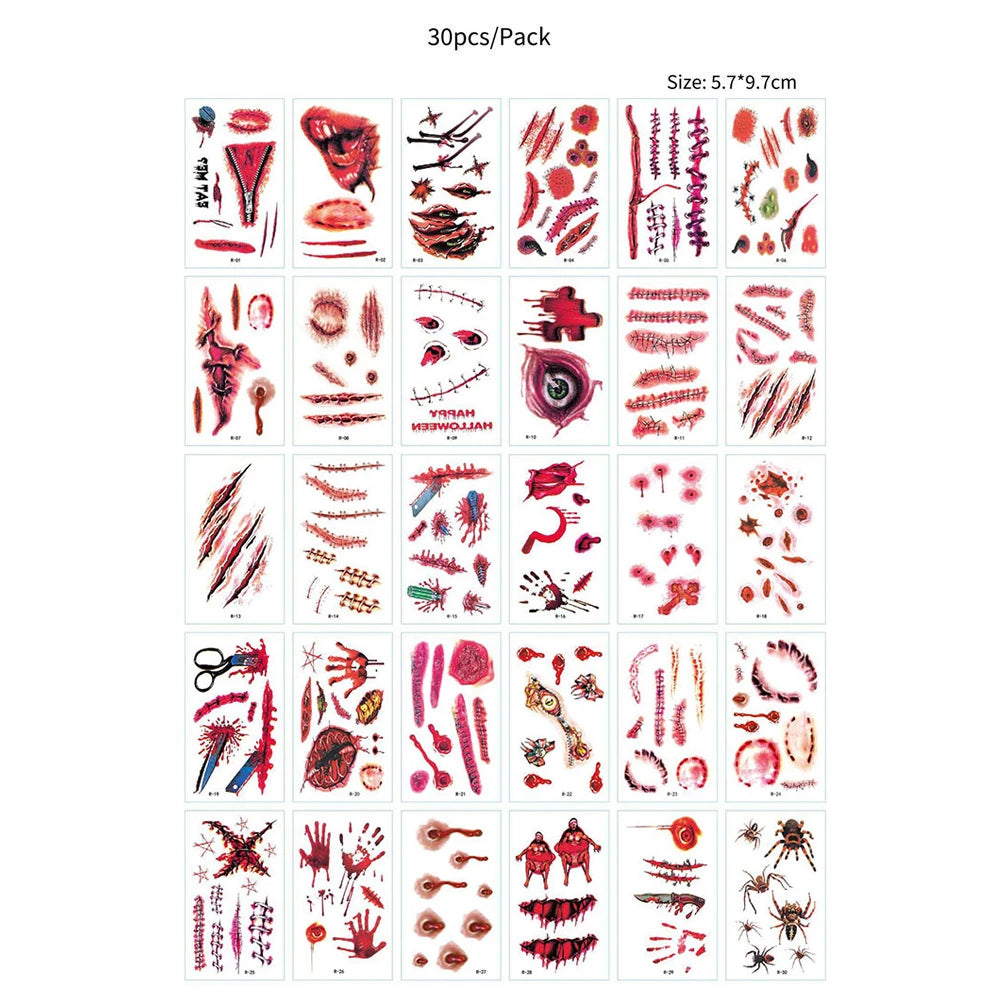 30pcs Waterproof Halloween Tattoo Stickers Bleeding Wound Scar Temporary Tattoos for Women Men Fake Tattoo For Halloween Party