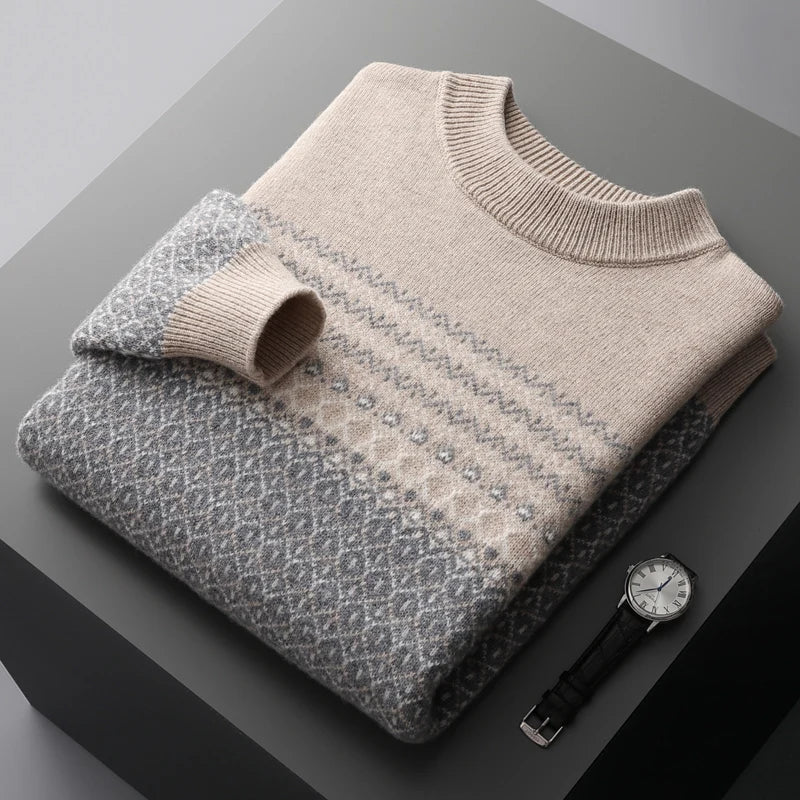 Men's Sweater Pullover Long Sleeve 100 Pure Woolen Sweater Autumn/Winter New Half High Collar Jacquard Knit Thickened Casual Top