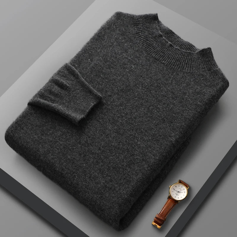 Autumn Winter Seamless Readymade Garments Men's Half High Neck Pullover Long Sleeve Loose Sweater 100% Wool Casual Knit Underlay