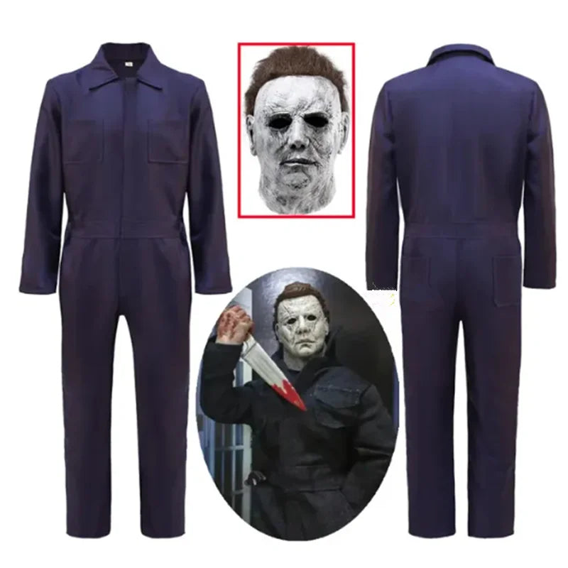 Michael Myers Costume Mask Cosplay Halloween Jumpsuit Outfits Horror Bloody Killer Carnival Party Costume for Adult Men