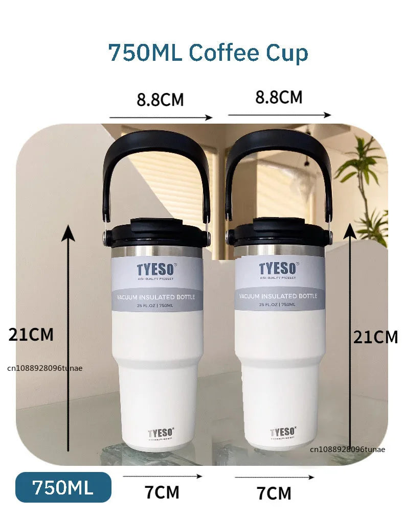 Tyeso 600/750/900ML Car Coffee Cup Thermo Bottle with Straw Portable Sport Insulated Vacuum Flask Travel Thermal Water Bottle