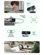 【RU】 UGREEN 2K Web cam with Microphone, Full HD 2K, Auto Light Correction, Video Webcam for Streaming