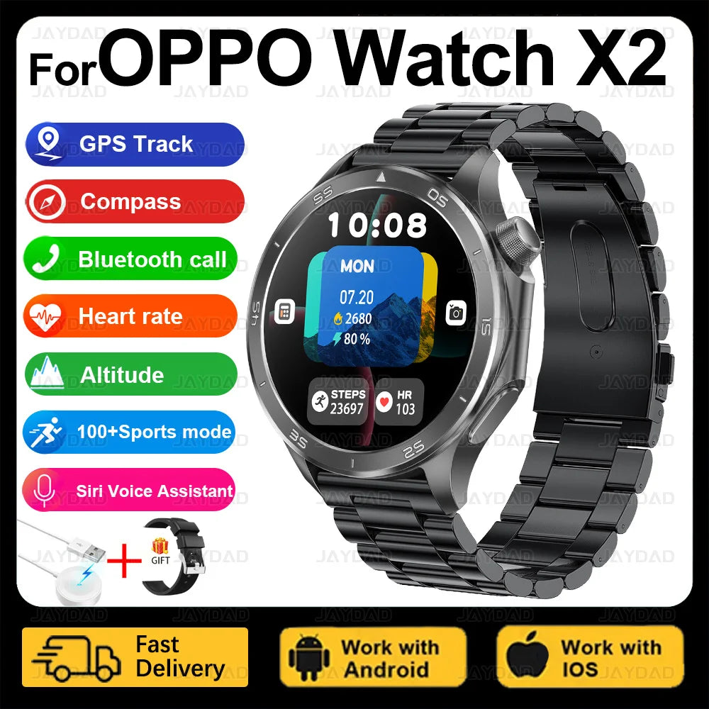 2025 New For OPPO Watch X2 Smart Watch Men AMOLED Outdoor Fashion GPS Compass Heart rate Waterproof Bluetooth Call Smartwatches