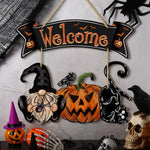 Halloween Welcome Sign Decor with Gnome, Pumpkin, Black Cat and Bats - Festive Door Hanger