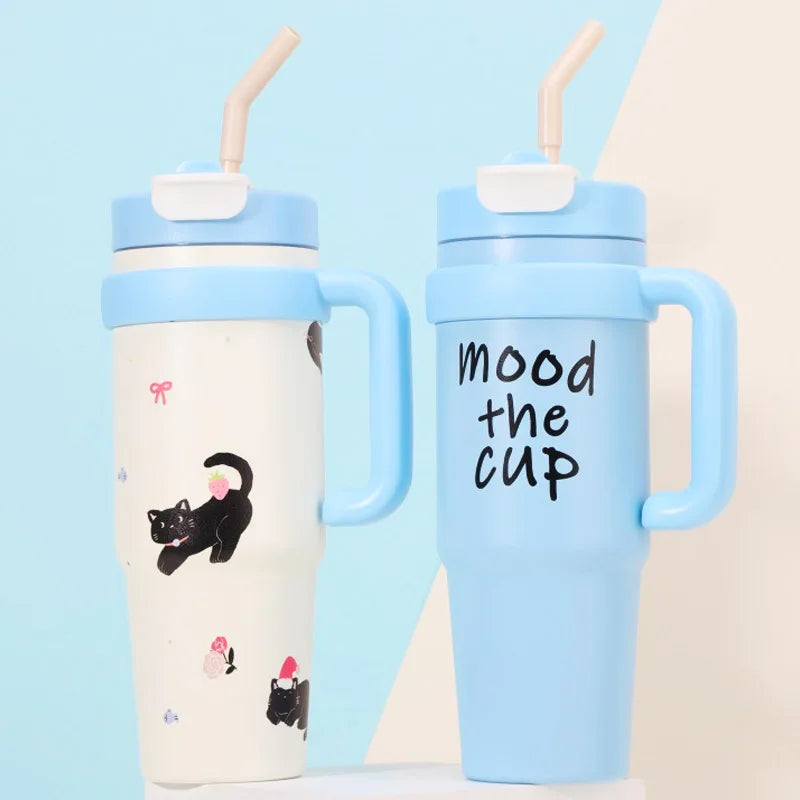 1000ML Thermal Water Bottle 32oz Large Capacity With Straw Stainless Steel Thermos Bottle Cold and Hot Thermos Cup