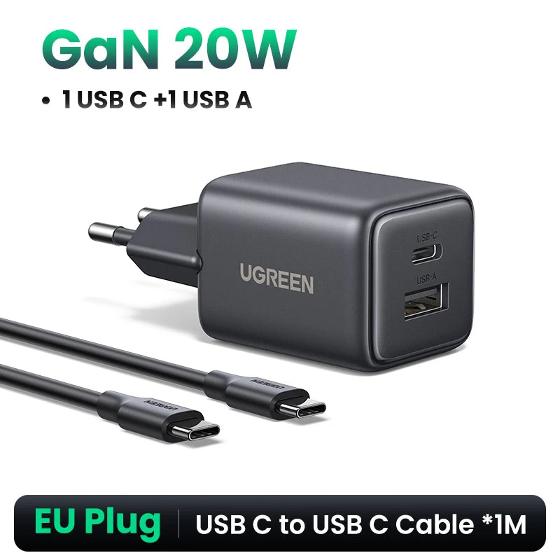 UGREEN 20W GaN Charger PD3.0 QC3.0 Mini USB C Phone Charger For iPhone 17 16 15 Pro Max Samsung S25 Xiaomi Tablet iPad Air Pro