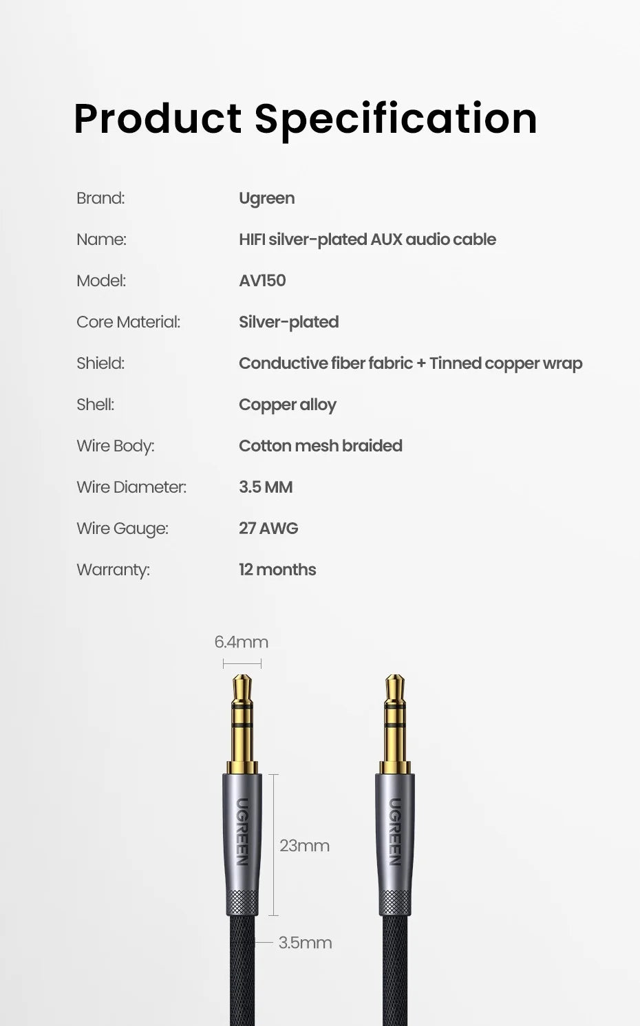 Ugreen Aux Cable Jack 3.5mm Audio Cable for iPhone 3.5 mm Male Cable Aux for Computer Headphone Xiaomi Laptop Car 3.5 Jack Cable