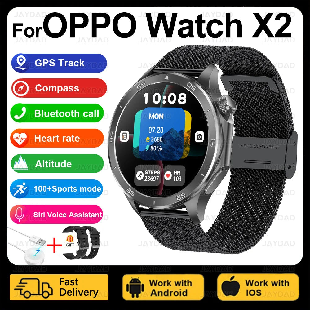 2025 New For OPPO Watch X2 Smart Watch Men AMOLED Outdoor Fashion GPS Compass Heart rate Waterproof Bluetooth Call Smartwatches