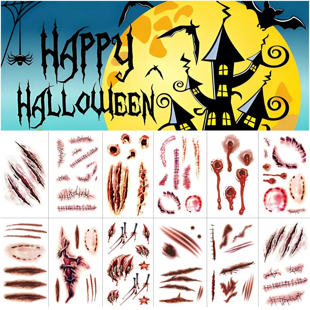 Halloween Temporary Scar Tattoos Sticker Realistic Bloody Wound Scab Body Face Decals for Makeup Masquerade Cosplay Party Prop