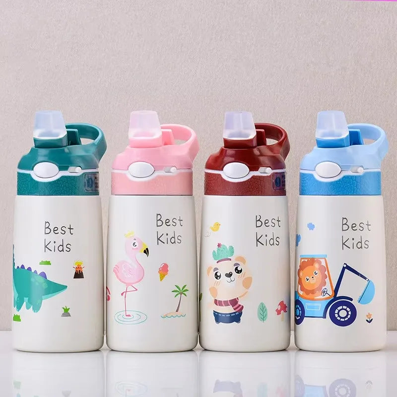 400/500ML Kids Water Bottle Cartoon Dinosaur Thermos Mug Baby Duck Billed Straw 316 Stainless Steel Vacuum Flasks Thermos Bottle