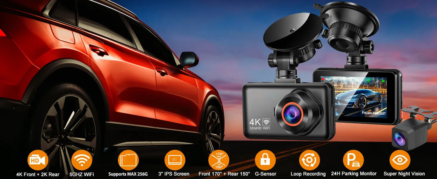 4K+2K Front and Rear Dash Cam Built-in WiFi 3 Inch IPS Car Video Camera WDR Night Vision G-Sensor 24H Parking Mode APP Control