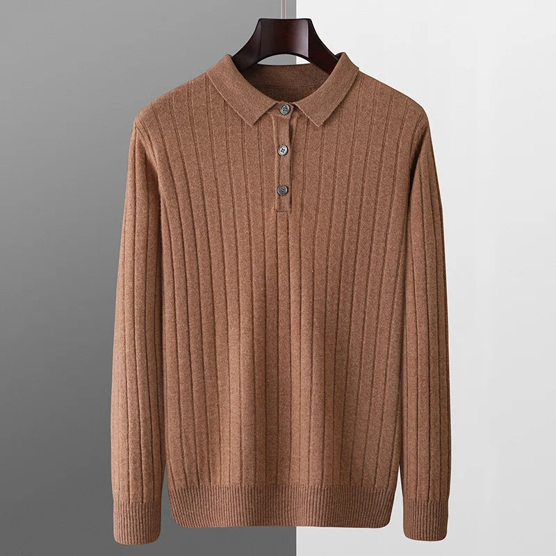 Winter New Men's Pure Wool Sweater Loose POLO Collar Vertical Pattern Thickened Sweater Casual Business High end CashmereSweater