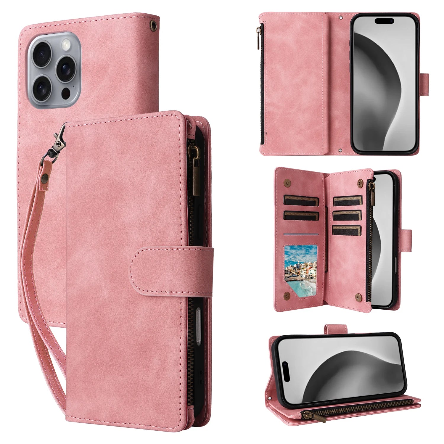 Premium Leather Wallet Case For iPhone 16 15 14 13 12 11 17 Pro Max Plus 17Air 16e Zipper Wallet Card Slots Magnetic Flip Cover