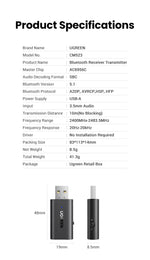 UGREEN 2 in 1 Bluetooth Car Adapter Bluetooth 5.1 Stereo Transmitter Receiver Wireless 3.5mm Aux Jack Adapter Car Kit Mic