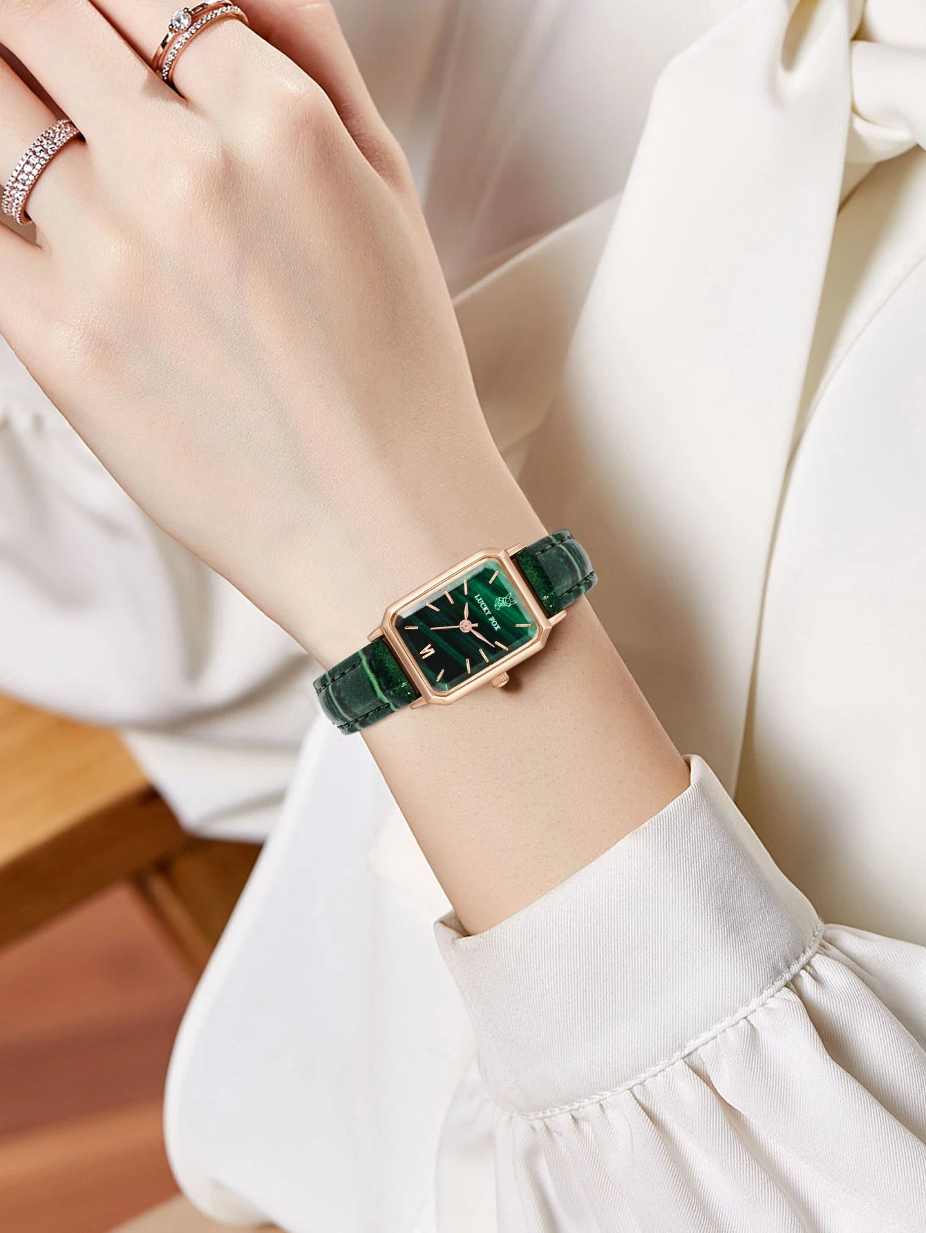 LUCKY FOX Women Watches Fashion Green Square Leather Quartz Watch Luxury Ladies Wristwatch Girlfriend Gift