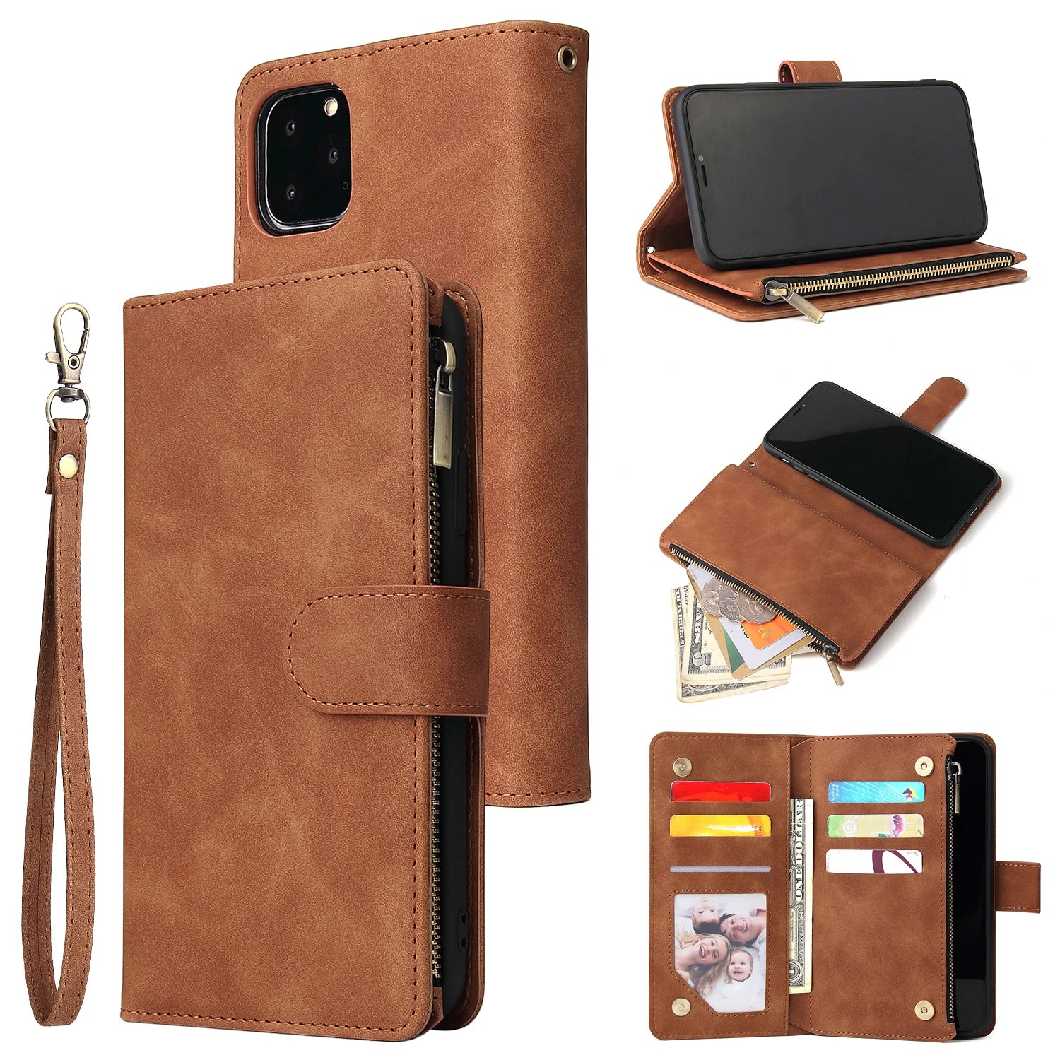 Premium Leather Wallet Case For iPhone 16 15 14 13 12 11 17 Pro Max Plus 17Air 16e Zipper Wallet Card Slots Magnetic Flip Cover