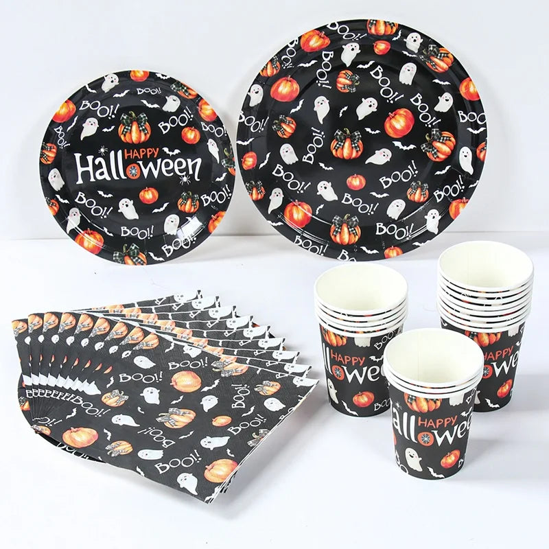 Halloween Disposable Tableware Pumpkin Ghost Boo Paper Plates Cups Napkins Kids Favor Happy Halloween Decoration Trick or Treat