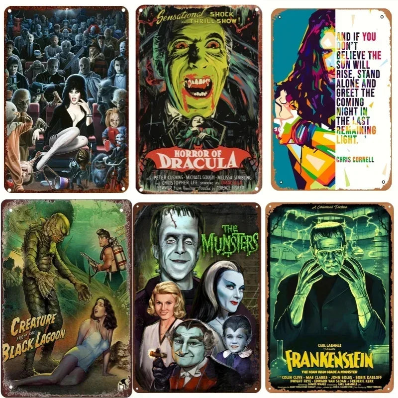 1PC Halloween Metal Sign Horror Movie Theme Shabby Iron Painting Tin Signs Wall Art Man Cave Film Theater Club Home Decoration