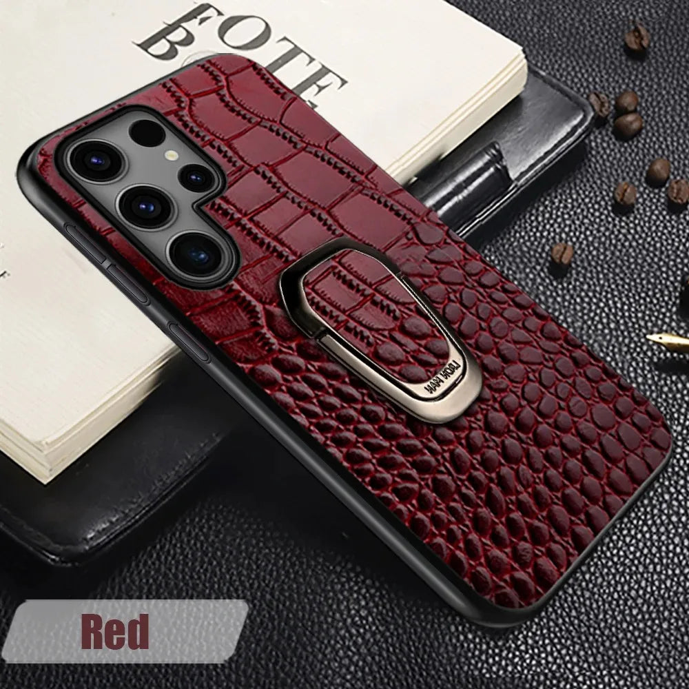 Genuine Cowhide Leather Bracket Phone Case For Samsung Galaxy S24 S23 Ultra S23 Plus S24Ultra S22Ultra Back Cover with Ring