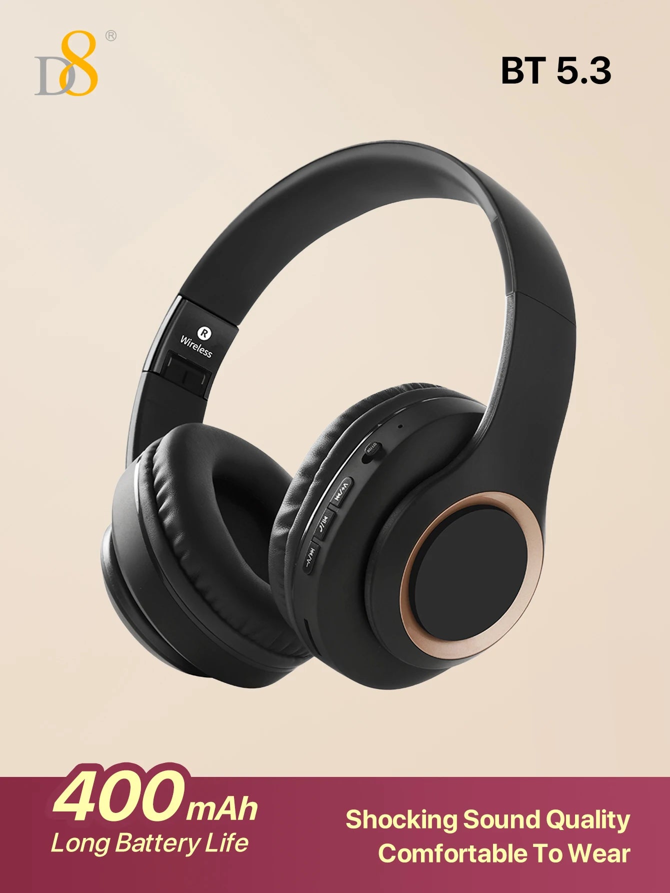 D8 Over Ear  Headphones,  Wireless and Wired Headset Built-in Microphone,  Micro SD Card Slot - (Stealth)  40H Playtime