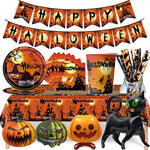 Halloween Pumpkin Tableware Black Orange Halloween Paper Plates Cups Napkins Banner Tablecloth Halloween Night Party Supplies