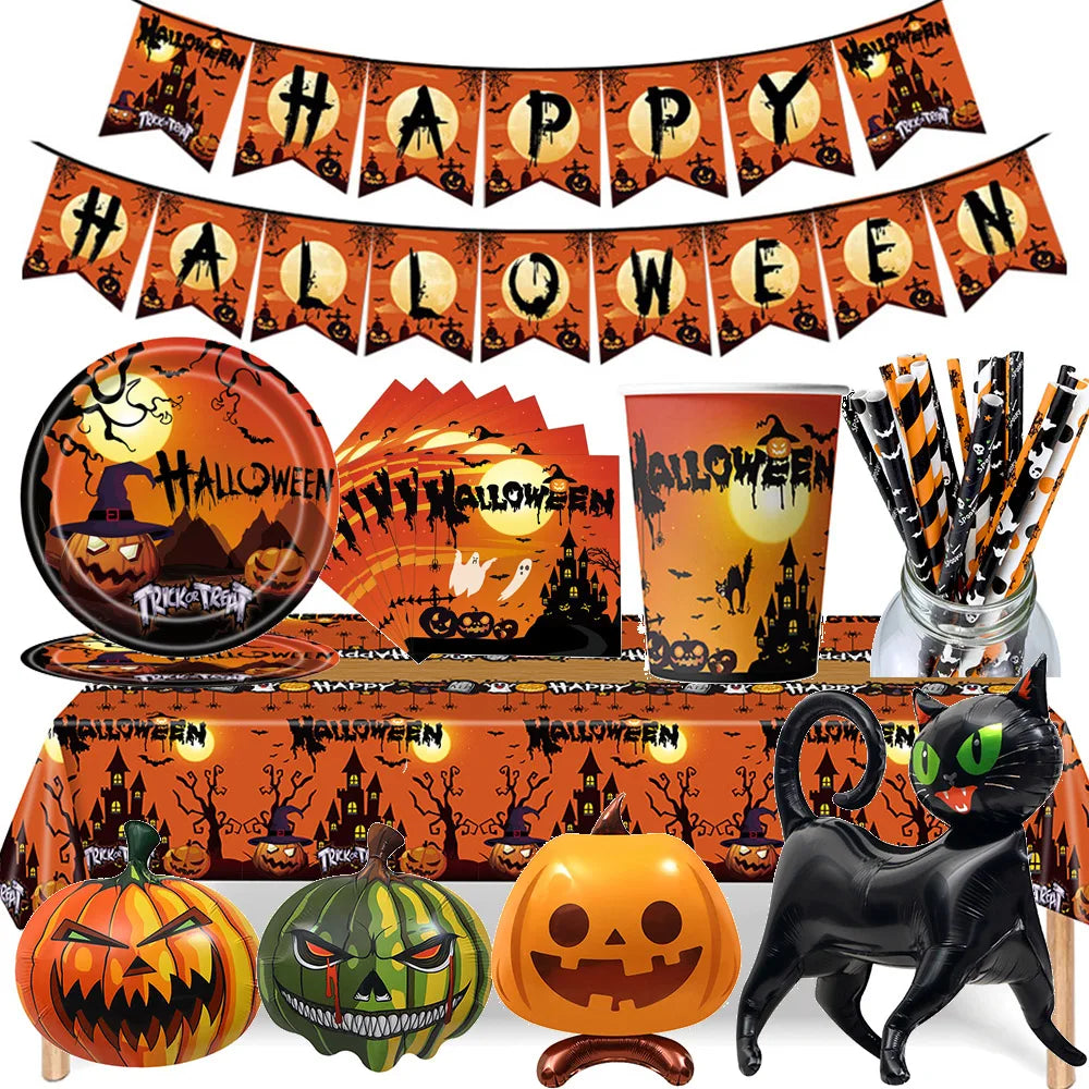 Halloween Pumpkin Tableware Black Orange Halloween Paper Plates Cups Napkins Banner Tablecloth Halloween Night Party Supplies