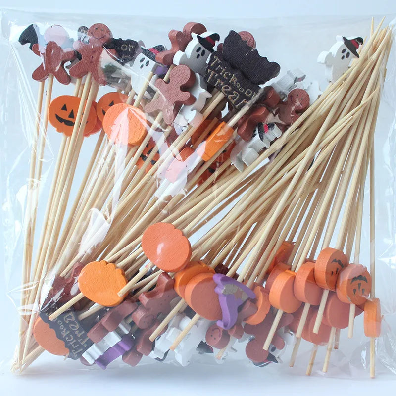 100pcs Halloween Disposable Bamboo Skewers Pumpkin Ghost Fruit Fork Buffet Dessert Cocktail Bamboo Stick Halloween Decoration