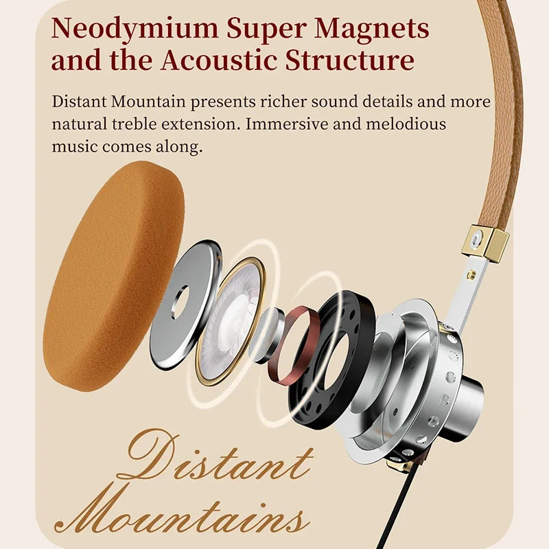 ROSESELSA Distant Mountain Retro Over Ear HiFi Headsets OOTD Vintage Metal Wired Headphones with MMCX 3.5mm Plug