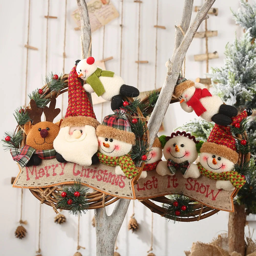 Christmas Vine Ring Wreath Cartoon Santa Claus Elk Snowman Rattan Xmas Wreath Hanging Pendant Noel Navidad Merry Christmas Decor