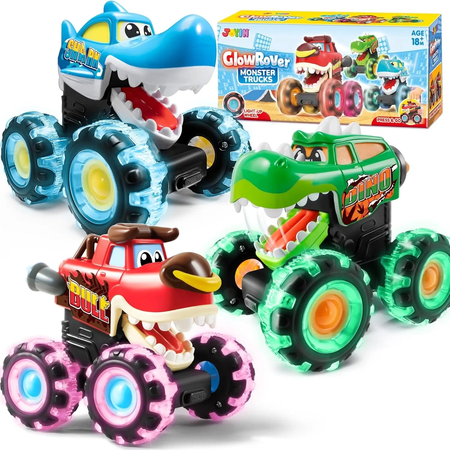 JOYFY 3 Pack Monster Truck Toy Motion Activated Light-Up Cars Press & Go Cars for Boys Girls Birthday Christmas Gifts