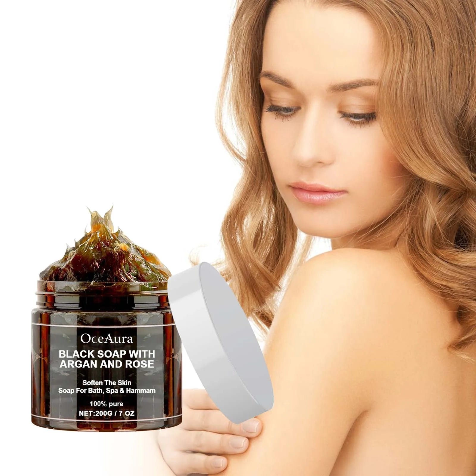 OCEAURA Black Beldi Soap with Argan & Rose – Deep Cleansing Body Scrub 200g