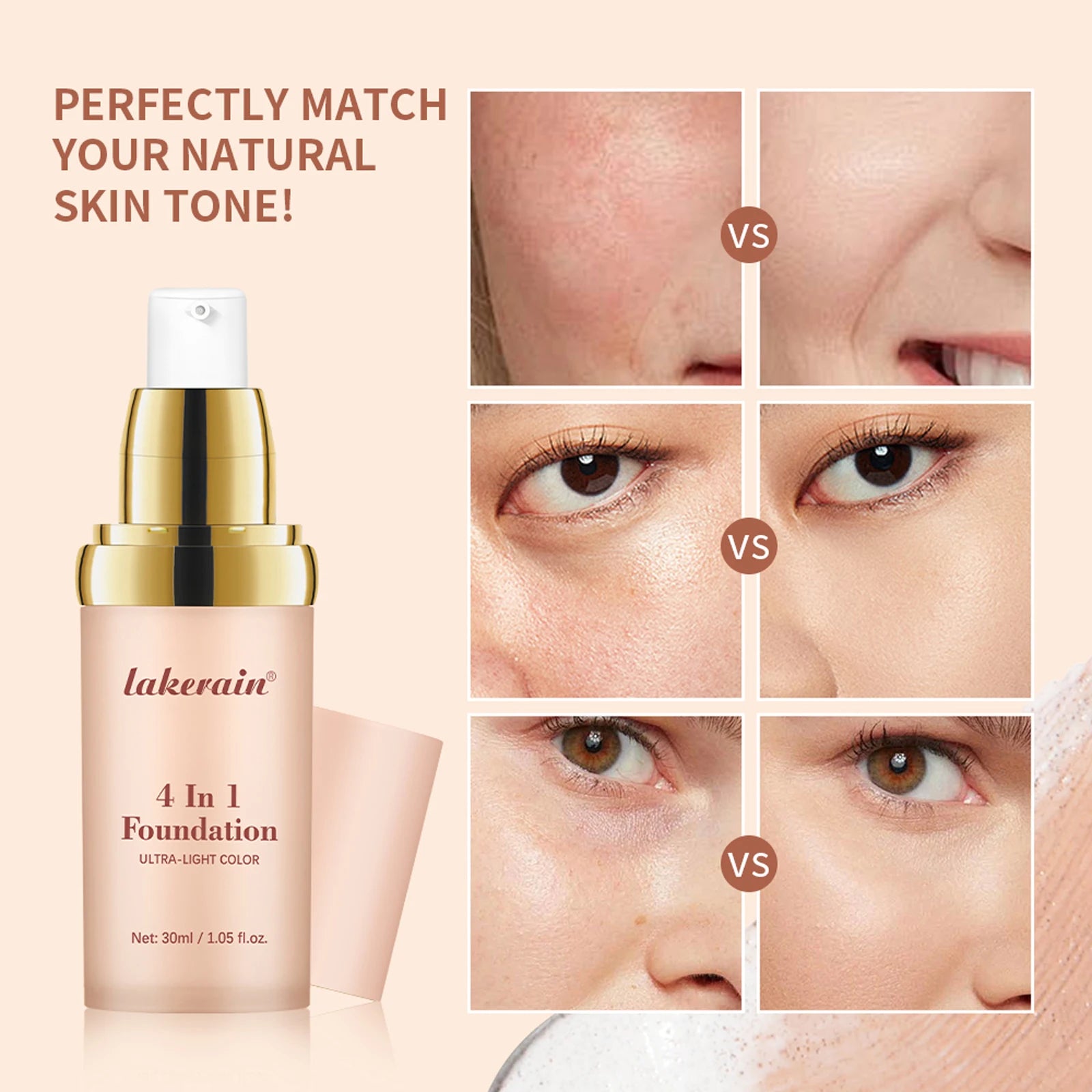 Color Changing Foundation 4 in 1 Moisturizing SPF 30+ Hydrating Color Longwearing Waterproof Travel Coverage Makeup Base