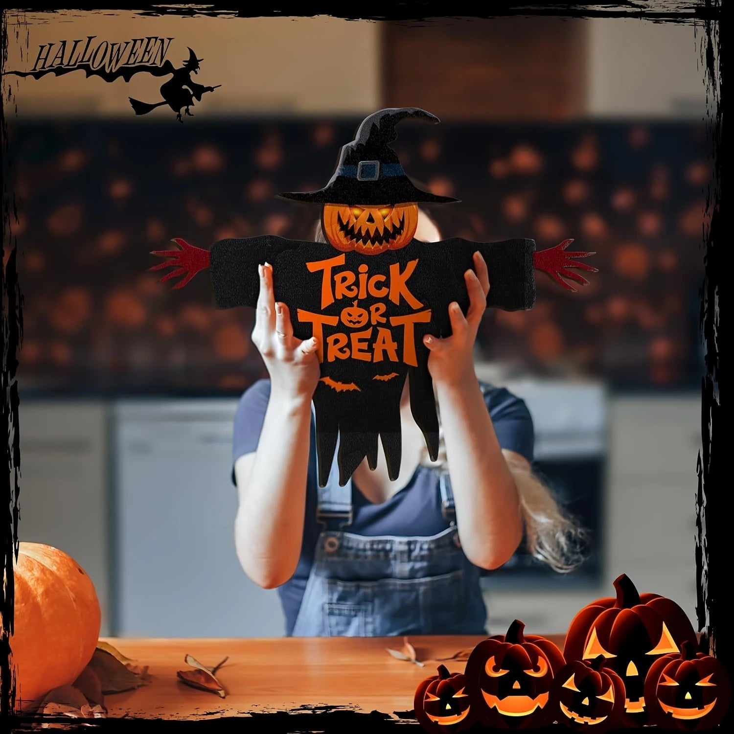 1pcs 2D Halloween Trick-or-Treat Wooden Sign Monster Face Pumpkin Design Rope Hanger Porch Wall or Halloween Garden Party Decora